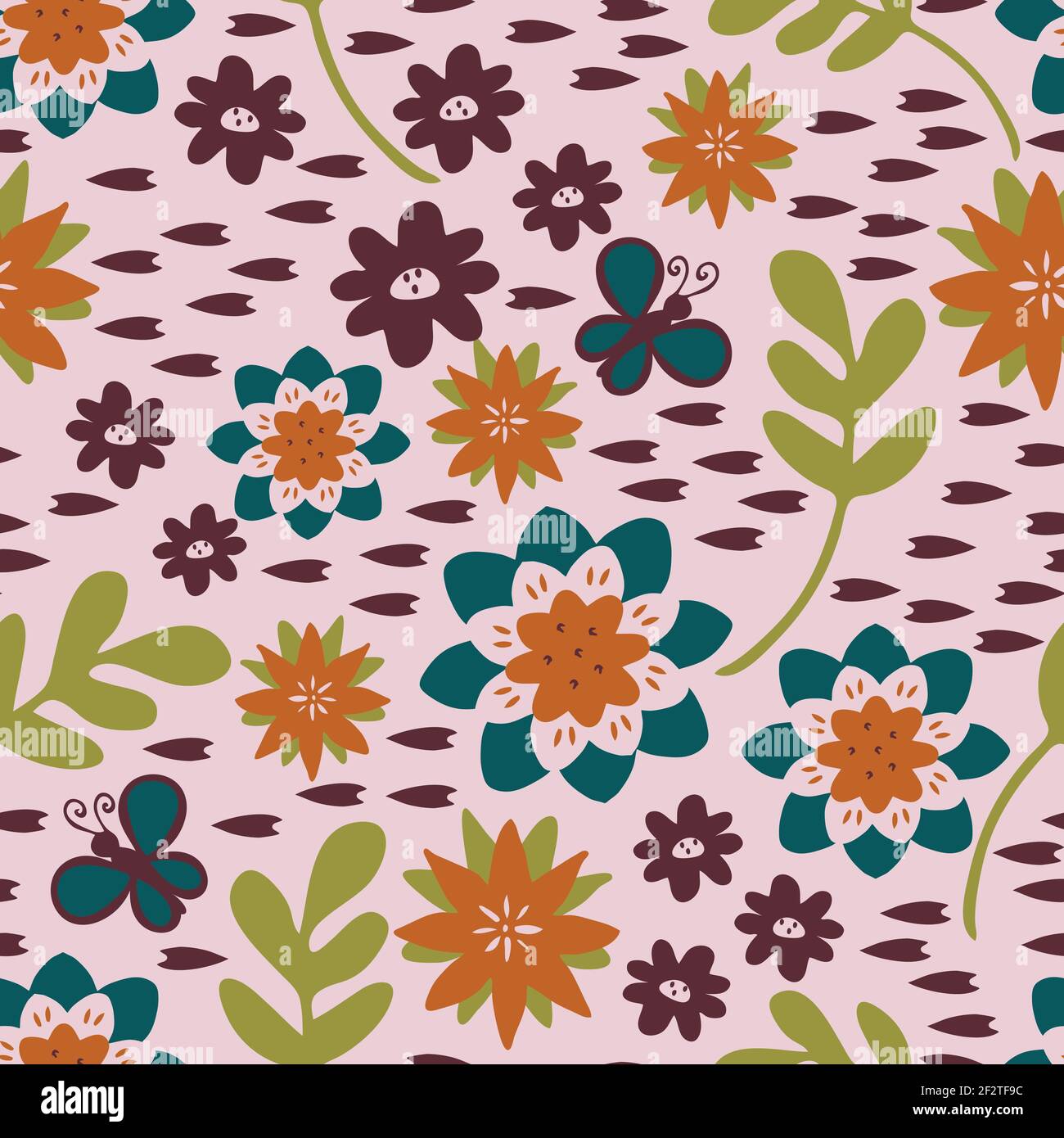 Seamless vector pattern with flowers on pink background. Simple floral