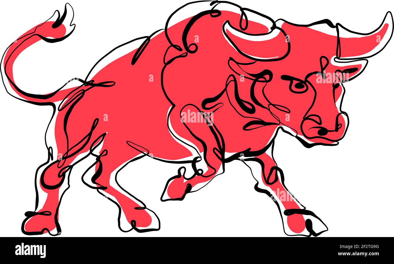 Continuous one line drawing of bull symbol of the Chinese New Year. 2021, the year of the bull. Red cow Stock Vector