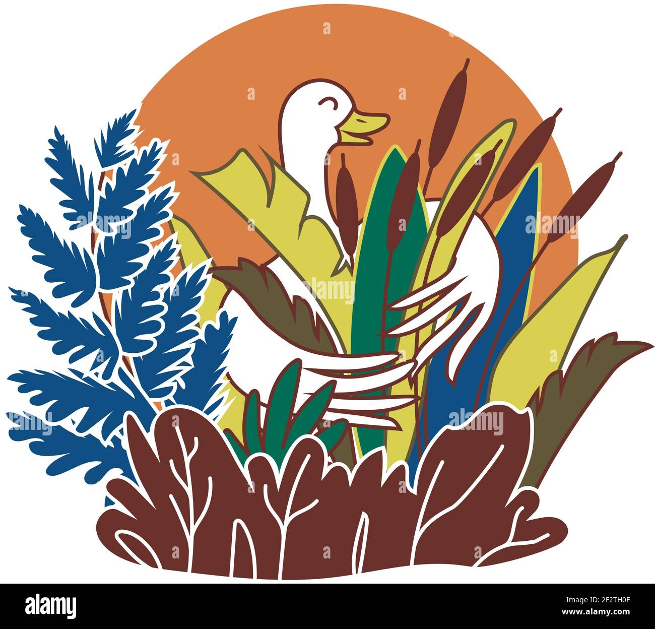 Color illustration of goose hugs reeds. Waterfowl and grass. Vector badge. EPS 10 Stock Vector