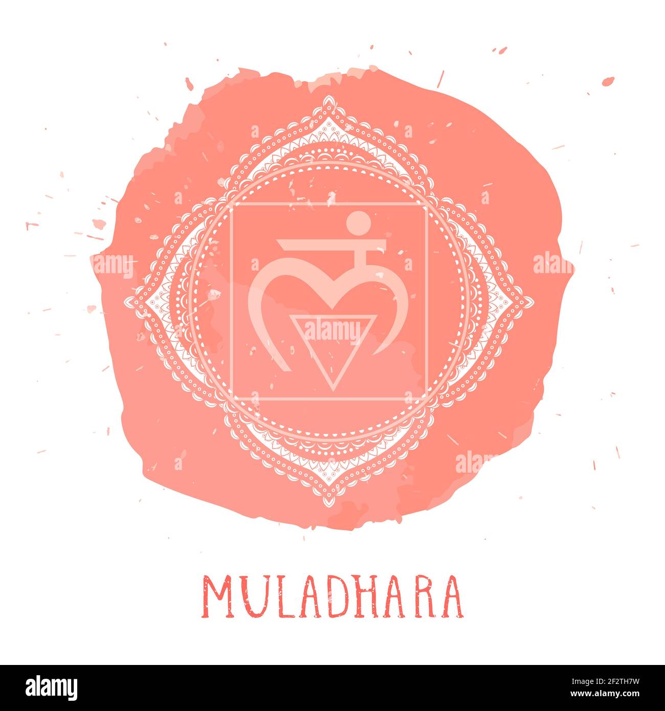 Vector illustration with symbol Muladhara - Root chakra and watercolor element on white background. Circle mandala pattern and hand drawn lettering. C Stock Vector