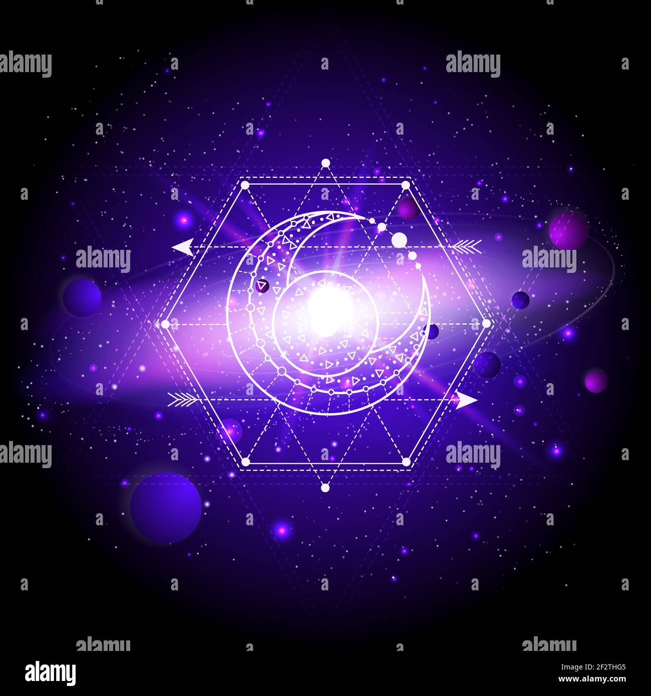 Vector illustration of Sacred or mystic symbol against the space background with planets and stars. Abstract geometric signs drawn in lines. Multicolo Stock Vector