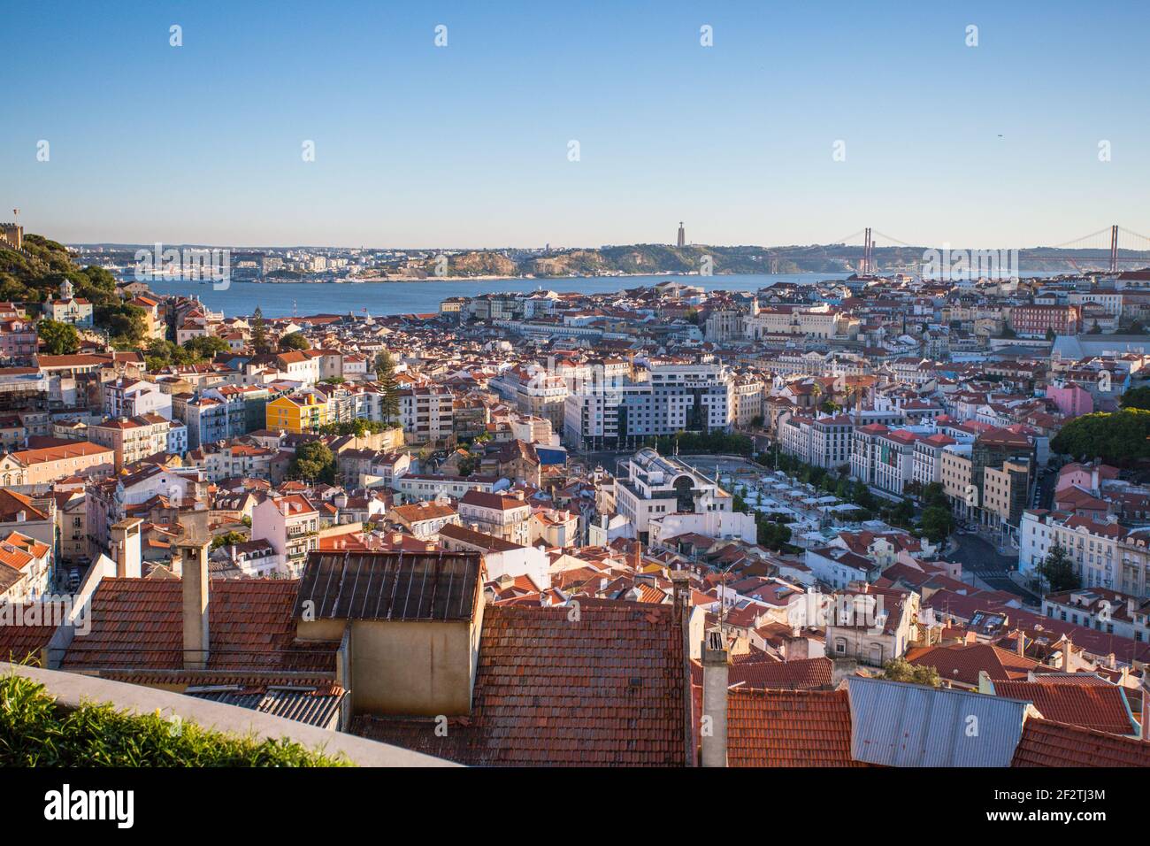 Panoramic view of Lisbon and the Tagus river from Miradouro da Senhora do Monte, Lisbon, Portugal. Stock Photo