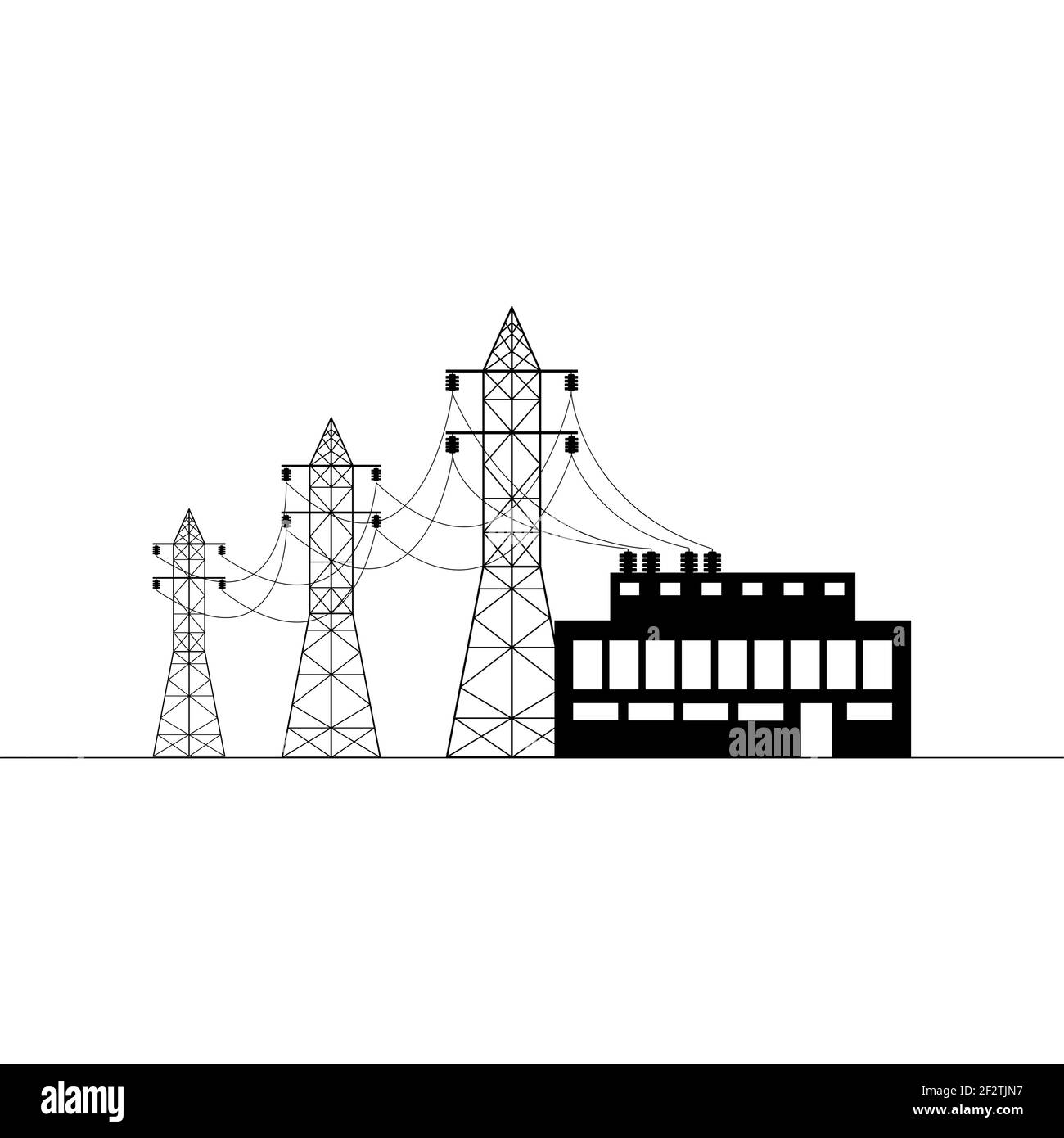 Overhead power line, transformer substation. Electricity transmission and supply. Flat vector illustration. Stock Vector