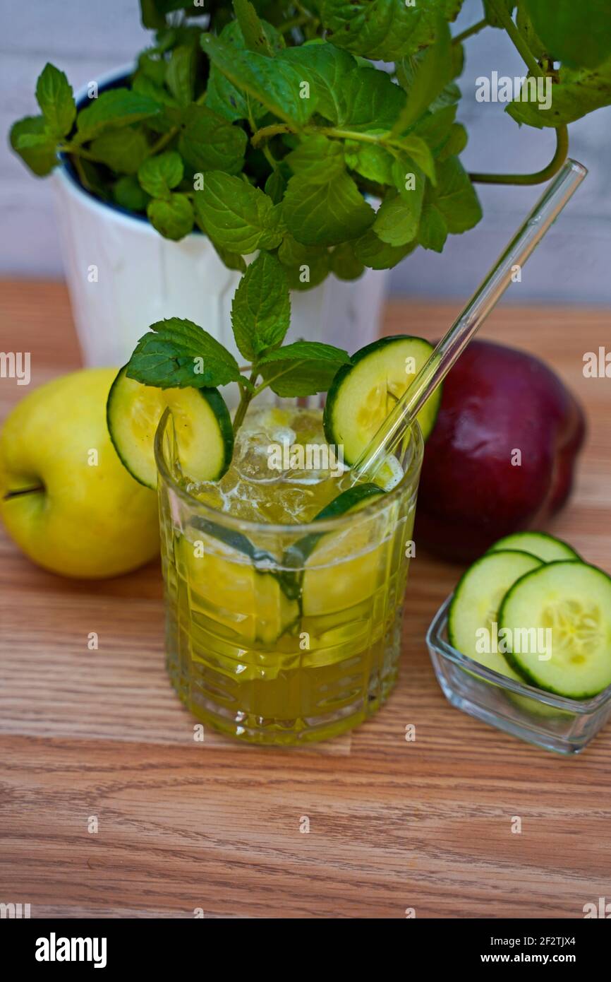 Fresh cucumber cocktail with gin. tasty and fruity cocktails served in glasses Stock Photo