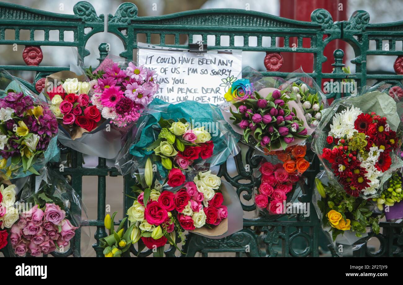 London UK 13 March 2021 Flowers lay in the bandstand in Clapham Common in memory of Sarah Everard, a planned vigil this evening has been canceled by organisers, Anna Birley, an organiser of Reclaim These Streets, said they did not want to put women at risk of fixed-penalty notices. Paul Quezada-Neiman/Alamy Live News Stock Photo