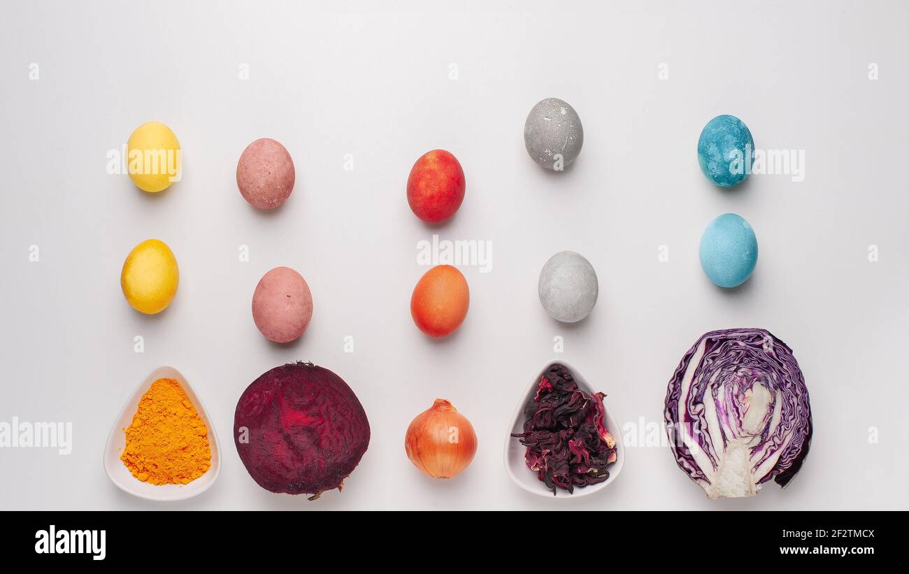 Natural dye for easter eggs red cabbage, beetroot, carcade, turmeric