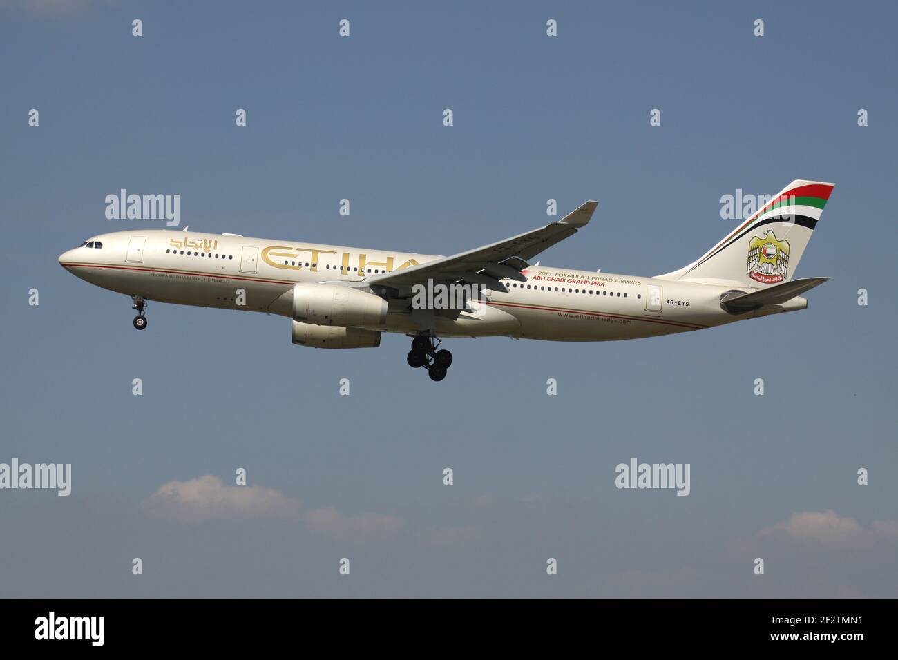 Etihad Airways Airbus A330-200 with registration A6-EYS on final for runway 25L of Frankfurt Airport. Stock Photo
