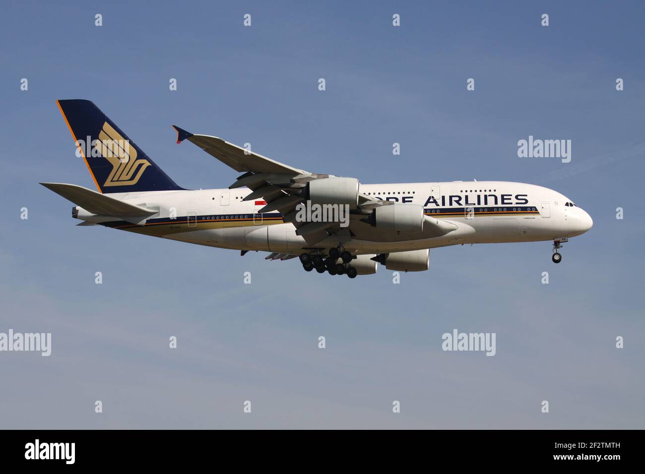 Singapore Airlines Airbus A380 with registration 9V-SKE on final for runway 07R of Frankfurt Airport. Stock Photo