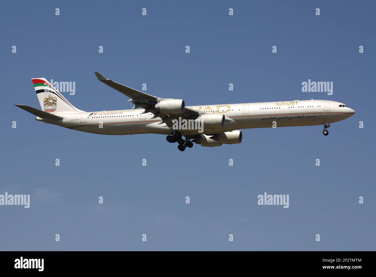 Etihad Airways Airbus A340-600 with registration A6-EHK on final for runway 07R of Frankfurt Airport. Stock Photo