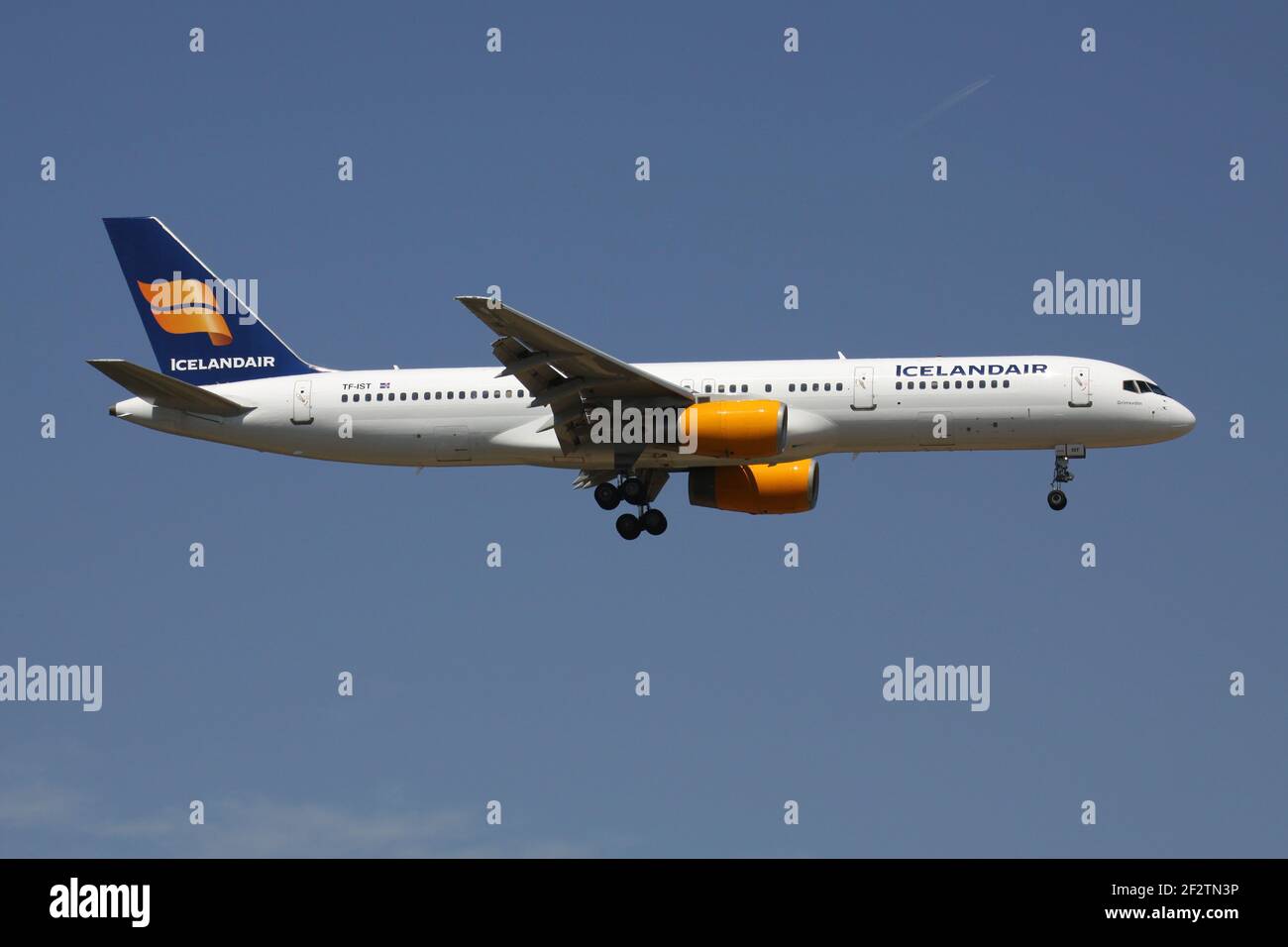 Icelandair Boeing 757-200 with registration TF-IST on final for runway 07R of Frankfurt Airport. Stock Photo