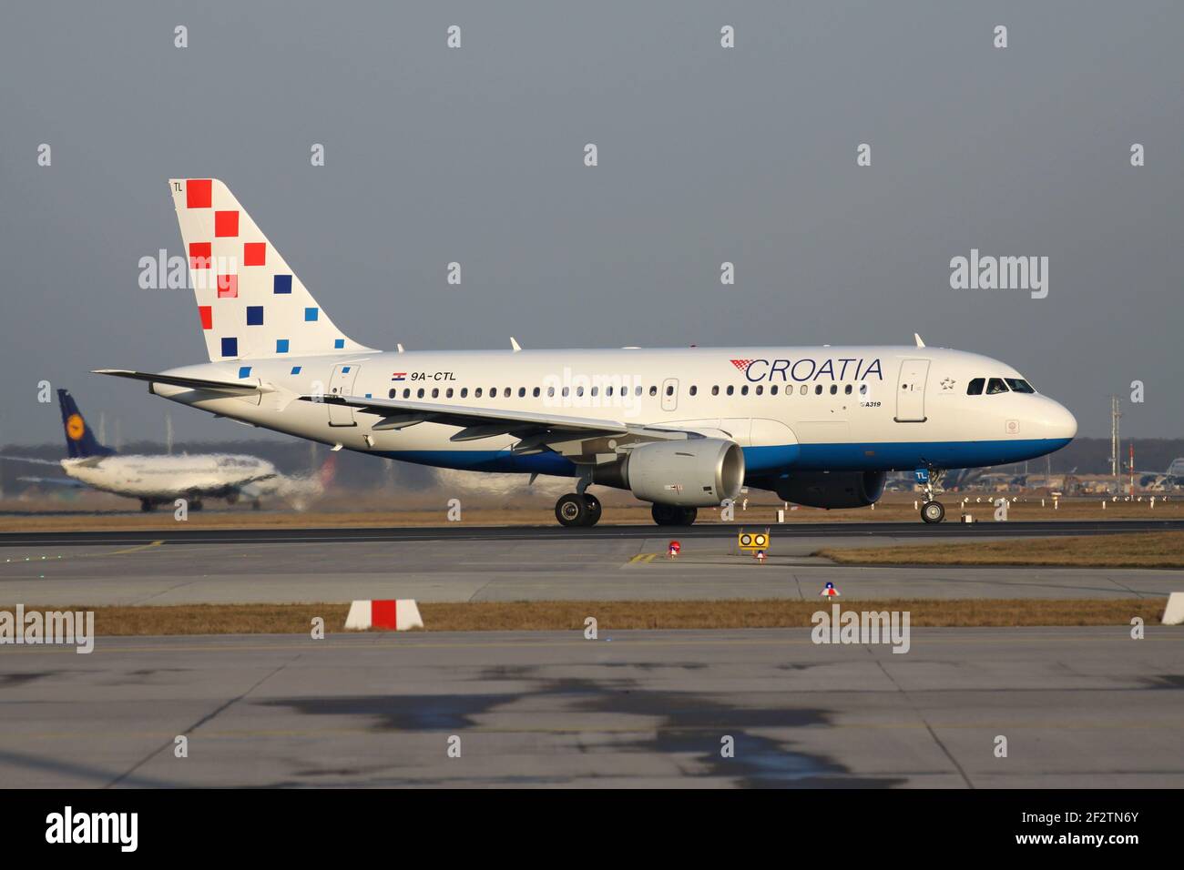 Croatia Airlines Airbus A 319-100 with registration 9A-CTL lining up runway 18 (called Startbahn West) of Frankfurt Airport. Stock Photo