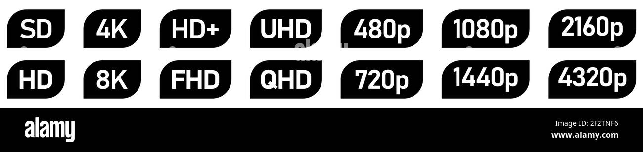 Set of simple video or movie resolution icons, number and text in rectangle with two rounded corners Stock Vector