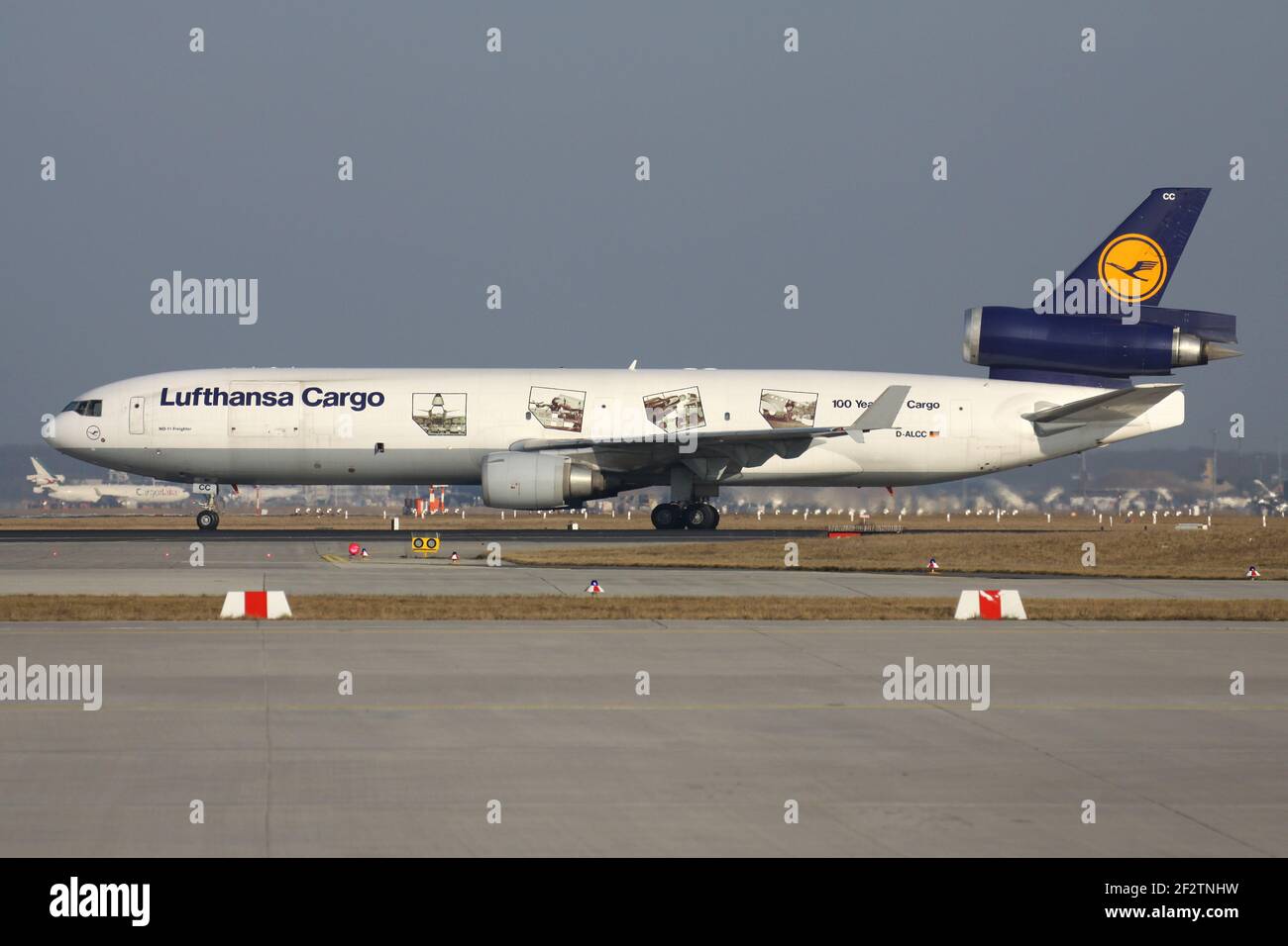 German Lufthansa Cargo McDonnell Douglas MD-11F in special livery with registration D-ALCC on taxiway at Frankfurt Airport. Stock Photo