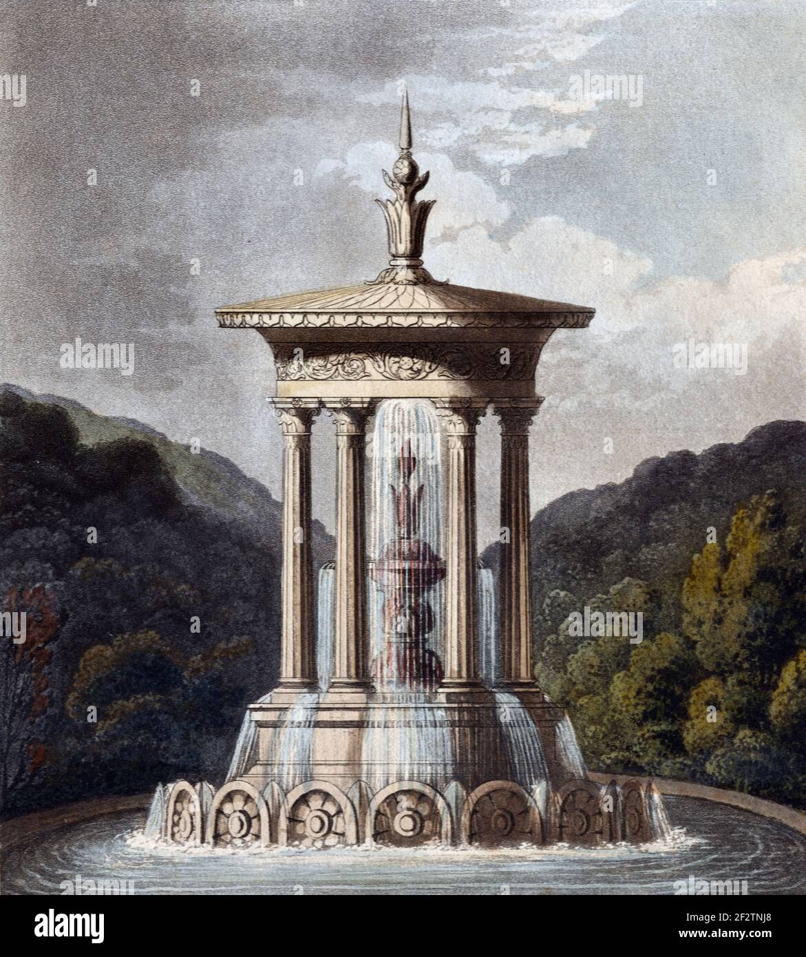 Neoclassical or Classical Greek Style Aquatic Fountain & Temple (1827) Vintage Architectural Drawing, Aquatint or Engraving by James Thomson (1827) Stock Photo