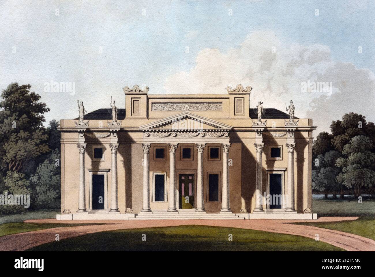 Neoclassical or Classical Corinthian Villa, Family House or English Country House (1827) Vintage Architectural Drawing, Aquatint or Engraving by James Thomson (1827) Stock Photo