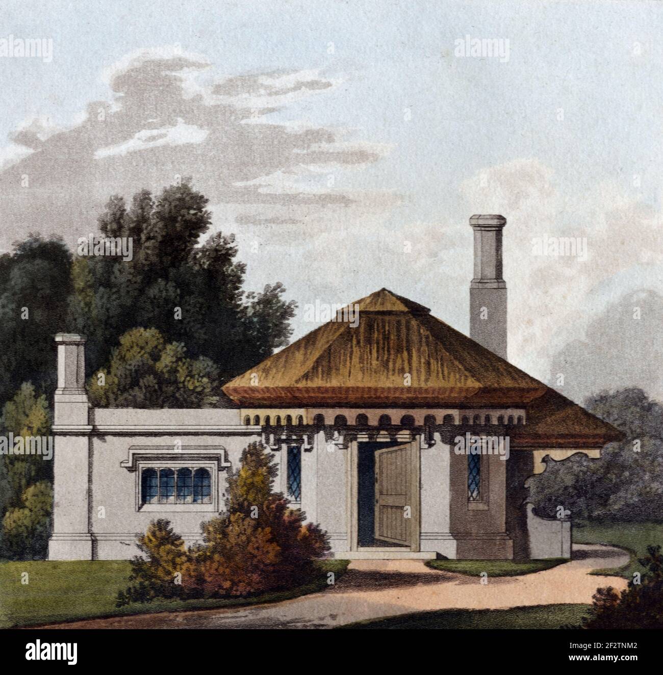 Thatched Rustic Lodge, Tiny House or Country Retreat (1827) Vintage Architectural Drawing, Aquatint or Engraving by James Thomson (1827) Stock Photo