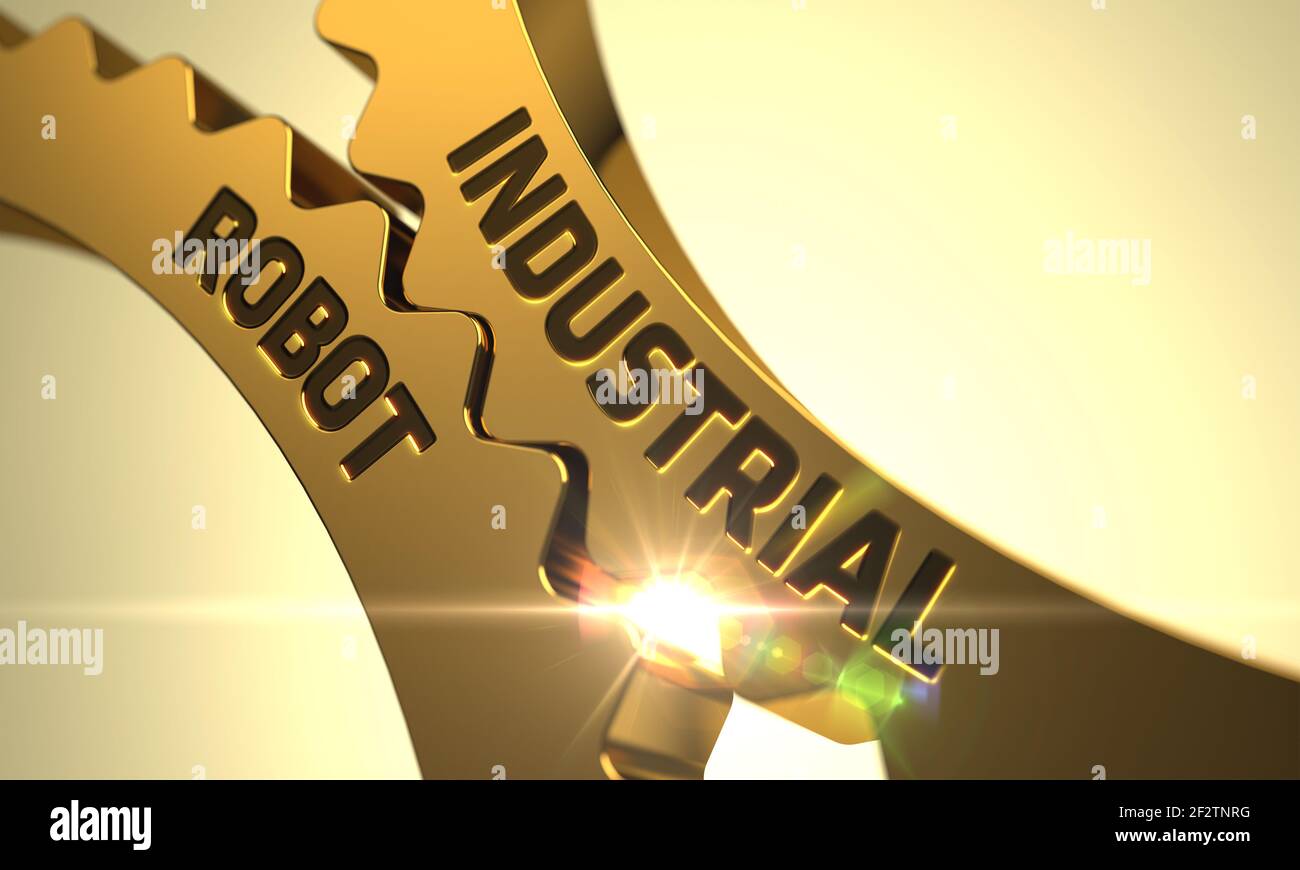 !Industrial Robot Concept. Golden Metallic Gears. Stock Photo