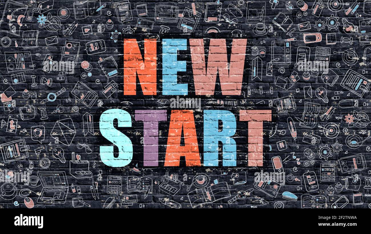 Multicolor New Start on Dark Brickwall. Doodle Style Stock Photo - Alamy