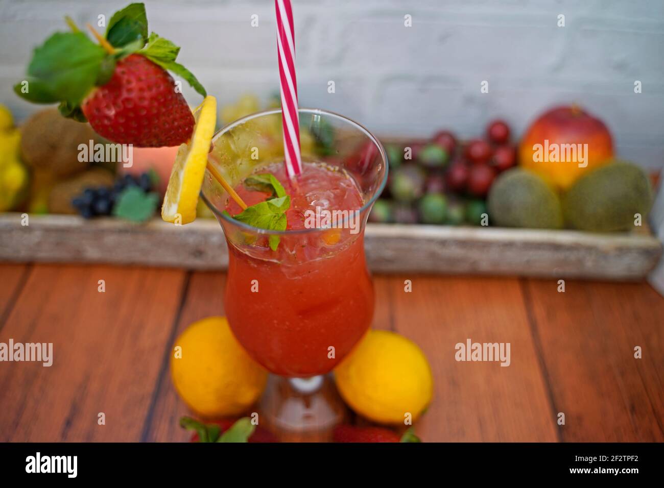 Strawberry cocktail non-alcoholic with lime and mint. tasty and fruity non-alcoholic cocktails served in glasses Stock Photo