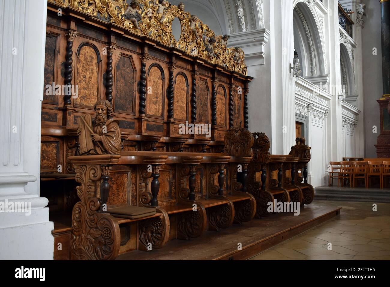 Friedrichshafen, Baden-Württtmberg, Germany. Schlosskirche. Interior. Left choir stalls. Moses with tablets of the law and staff. Stock Photo