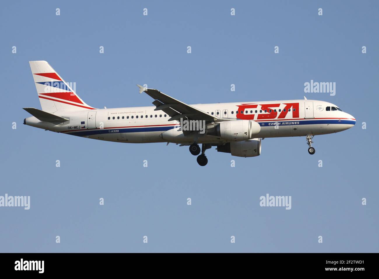 CSA Czech Airlines Airbus A320-200 with registration OK-MEJ on final for runway 07R of Frankfurt Airport. Stock Photo