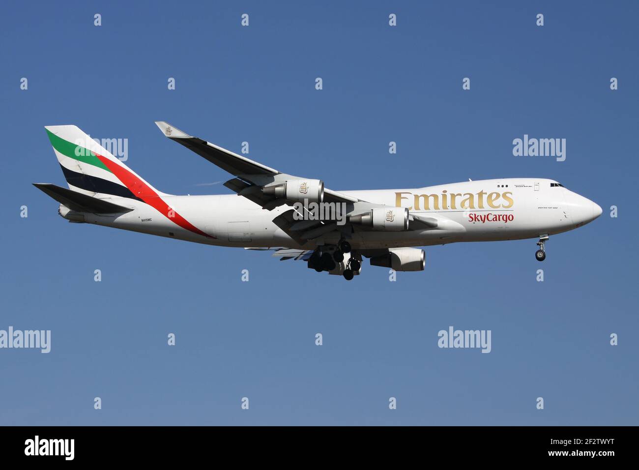 Emirates SkyCargo Boeing 747-400F with registration N415MC on final for  runway 07R of Frankfurt Airport Stock Photo - Alamy