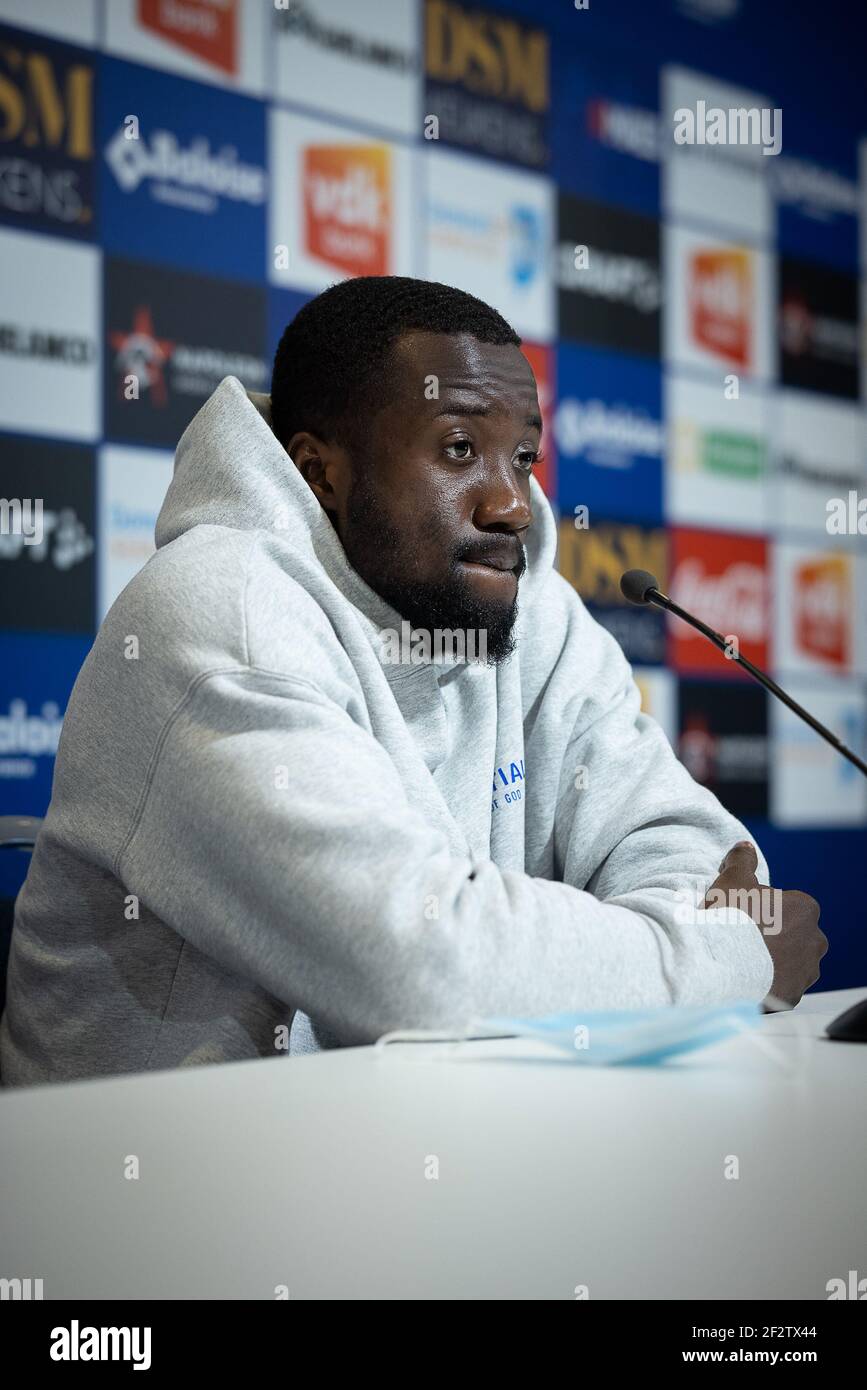 Gent's Elisha Owusu pictured during a press conference of Belgian soccer team KAA Gent, Saturday 13 March 2021 in Gent, ahead of Monday's postponed ma Stock Photo