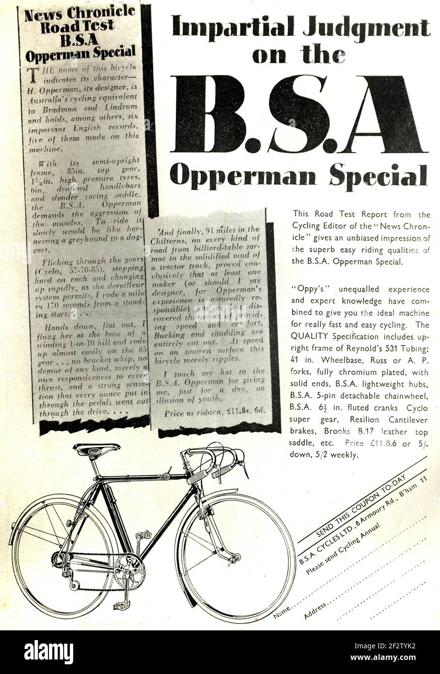 Vintage 1937 advertisement for BSA bicycles featuring the Opperman