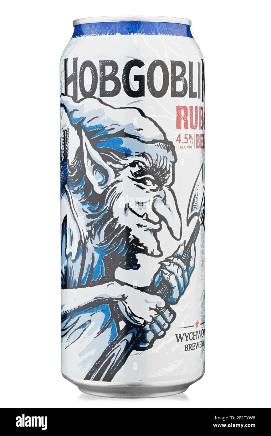 KYIV, UKRAINE - February 03, 2021: Can of Hobgoblin Ruby beer isolated on white. English Ale. Insulated packaging for catalog. Alcoholic beverage. Fil Stock Photo