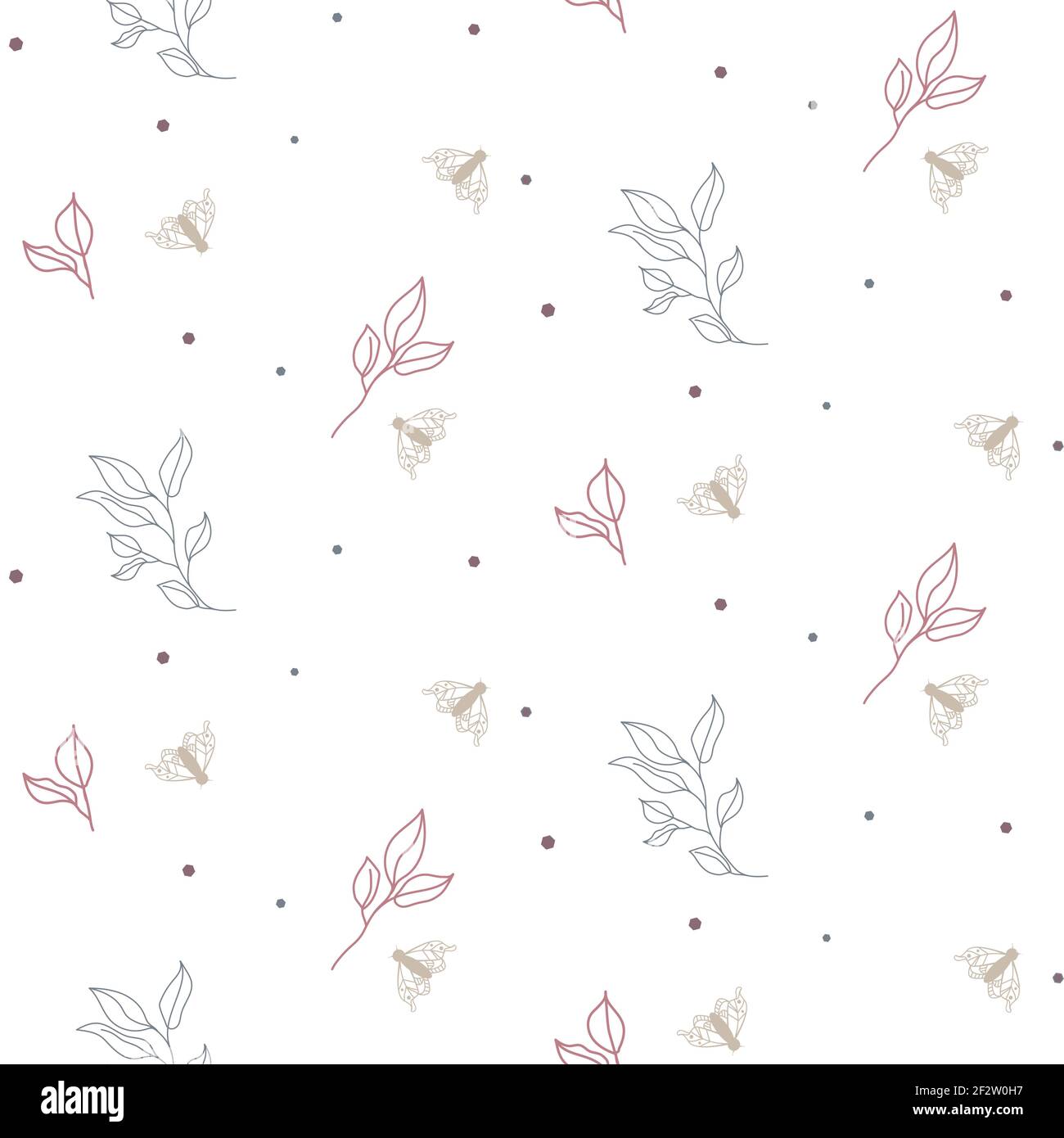 Seamless foliage and moths pattern with tiny small leaves on white. Stock Vector