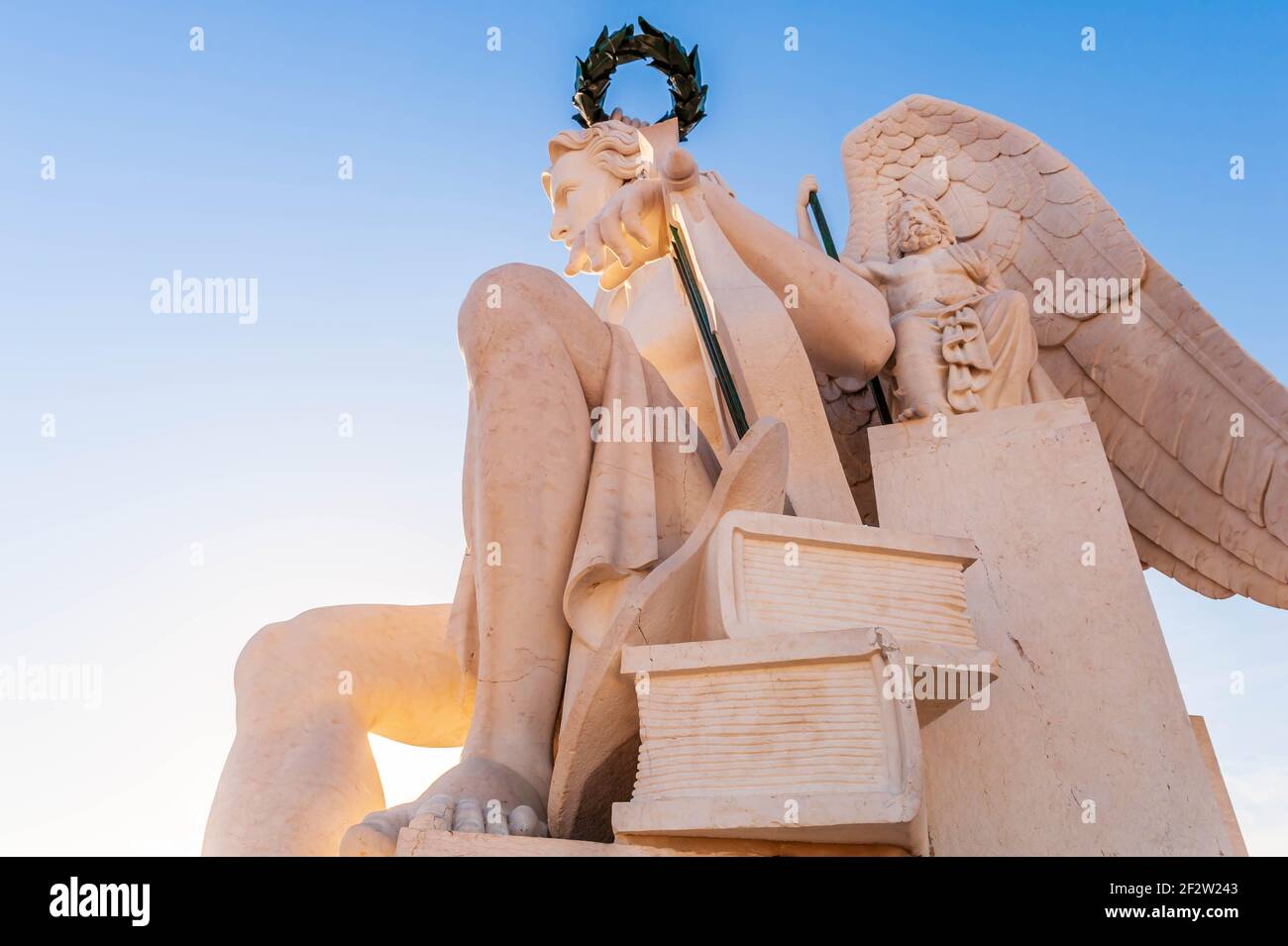 Profile of the monumental statue overlooking the triumphal arch of Augusta Street in Lisbon in Portugal Stock Photo