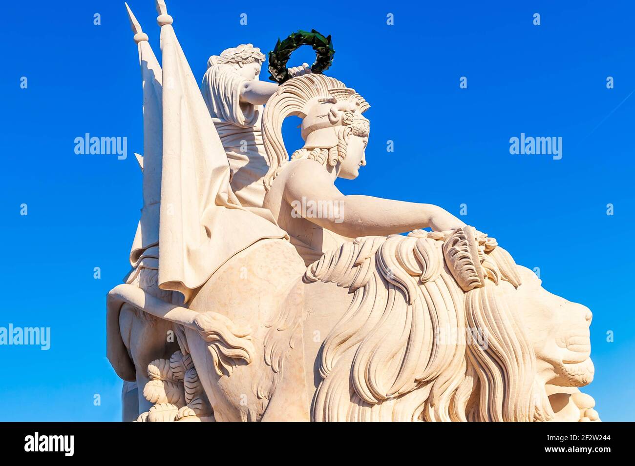 Profile of the monumental statue overlooking the triumphal arch of Augusta Street in Lisbon in Portugal Stock Photo