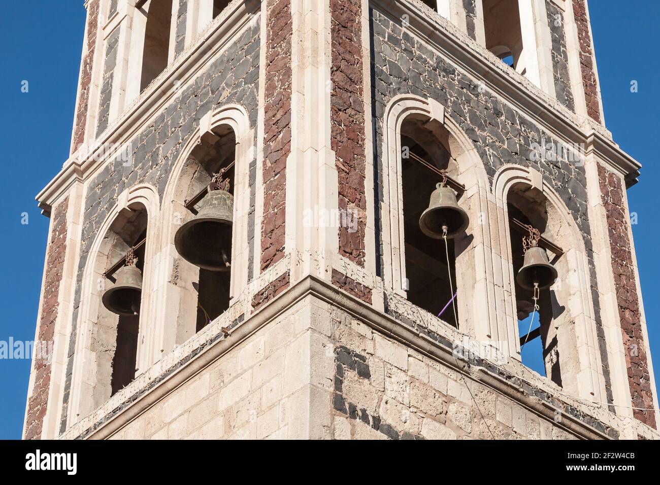 Bells in the tower of Loreto Mission Church, Baja California Sur, Mexico Stock Photo