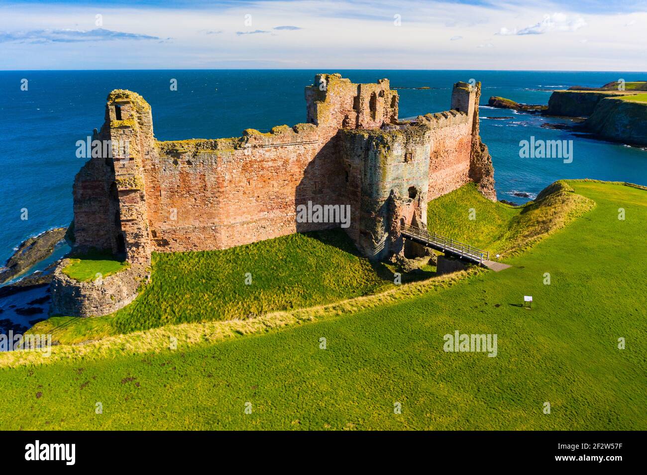 Aerial view of Tantallon Castle perched high above sea cliffs in East Lothian, Scotland,  UK Stock Photo
