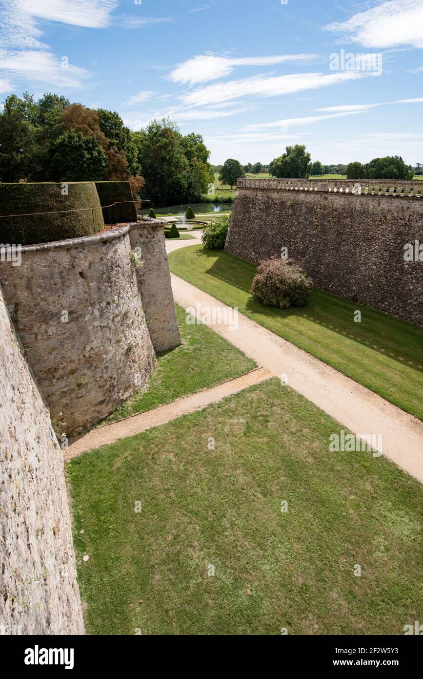 the formal gardens and river Loir seen from the chateau Le Lude Stock Photo