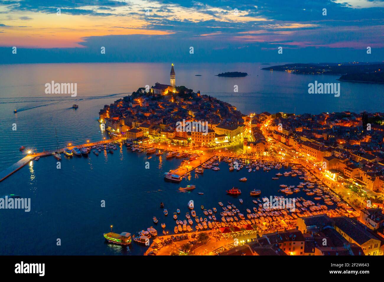 Sunset aerial view of Croatian town Rovinj Stock Photo