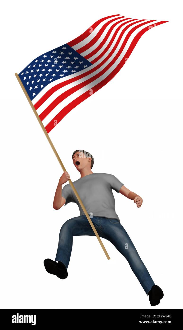 A young man screams with anger as he carries an American flag in this 3-D illustration about political anger in the USA. Stock Photo