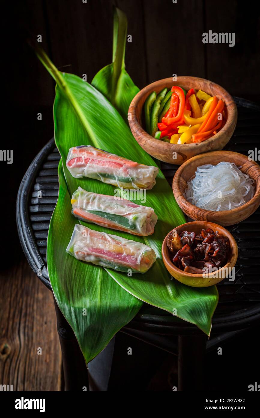 Fresh ingredients for spring rolls. Vietnamese cuisine. Stock Photo