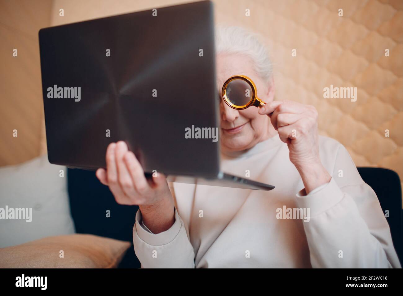Elderly woman grandmother learns to work at home on laptop computer and internet with magnifier. Stock Photo