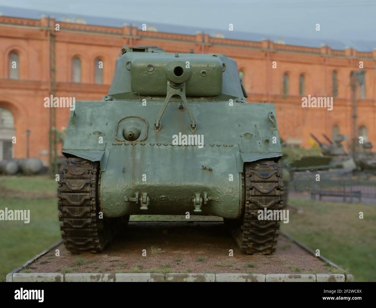cannon heavy American tank Sherman front view, fought in World War II Stock Photo
