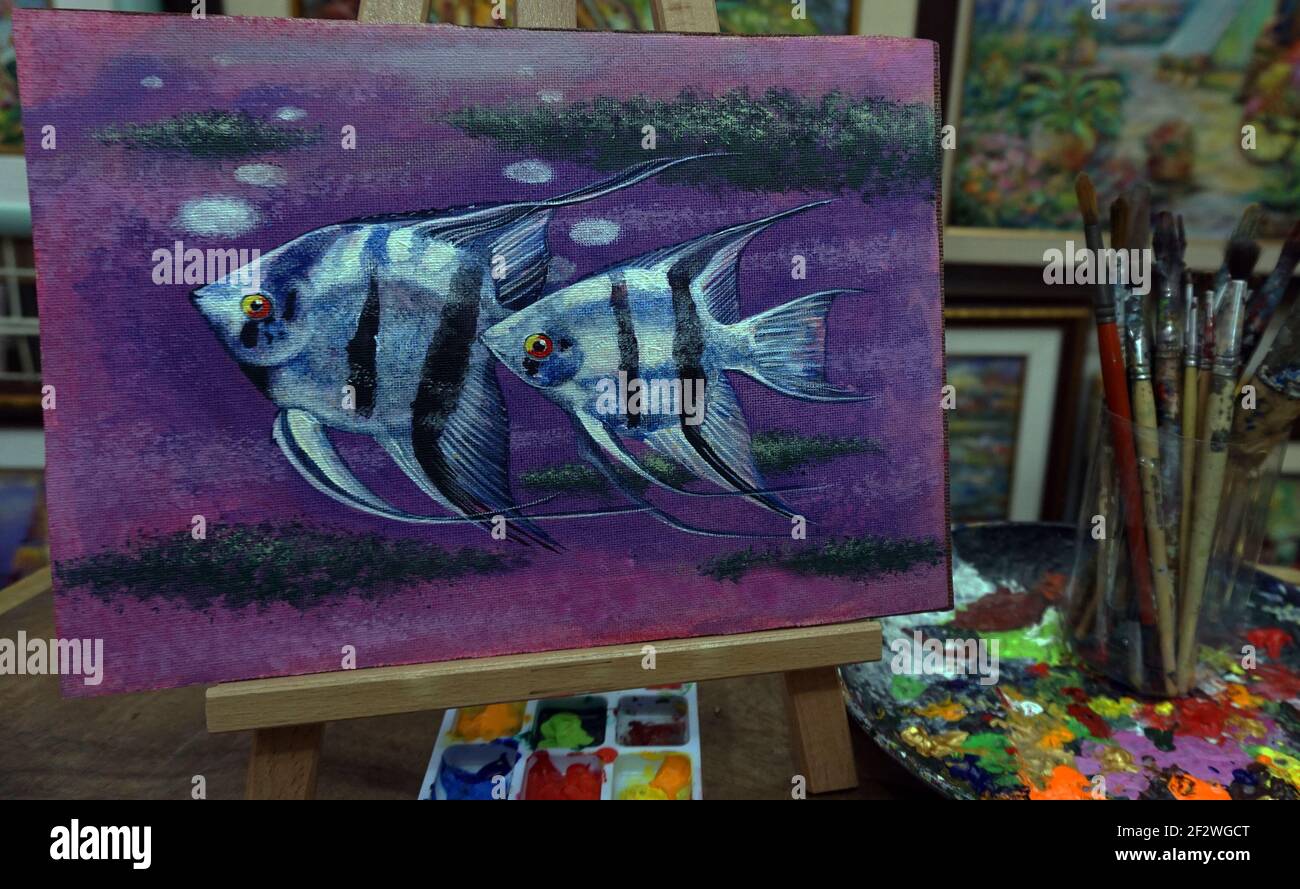 Art ,painting ,oil ,color, Angel  fish , art supply Stock Photo