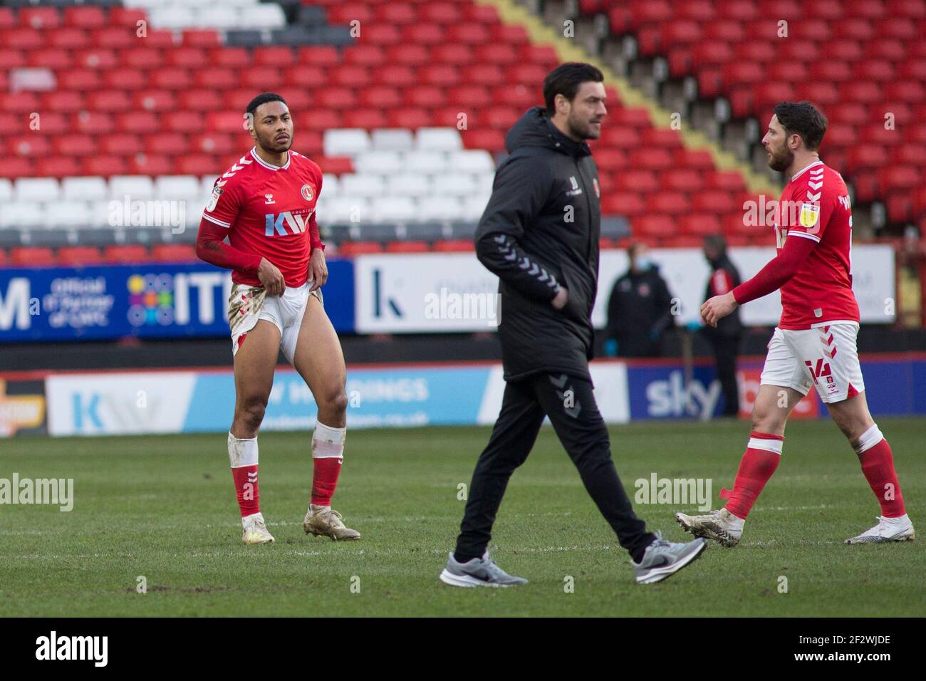 LONDON, UK: MARCH 13TH: Players gestures during the Sky Bet League 1 match between Charlton Athletic and Shrewsbury Town at The Valley, London on Saturday 13th March 2021. (Credit: Federico Maranesi | MI News) Credit: MI News & Sport /Alamy Live News Stock Photo