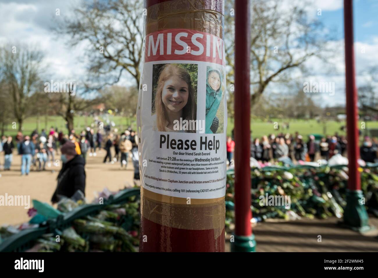 London, UK.  13 March 2021.  A missing poster for Sarah Everard at Clapham Common bandstand.  Wayne Couzens, 48, a serving Met Police officer, has been charged with her kidnap and murder after she walked home close to Clapham Common in south London.  The 33-year-old's body was found in woodland in Kent more than a week after she was last spotted on 3 March.  Credit: Stephen Chung / Alamy Live News Stock Photo