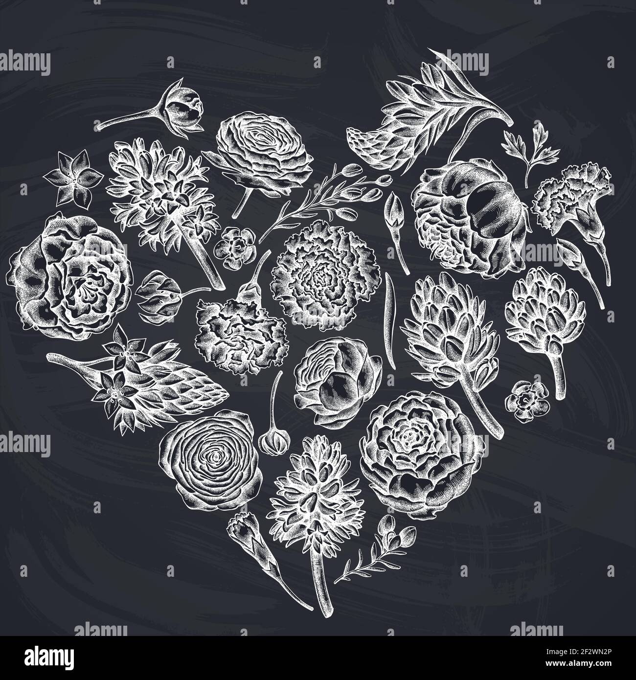 Heart floral design with chalk peony, carnation, ranunculus, wax flower, ornithogalum, hyacinth Stock Vector