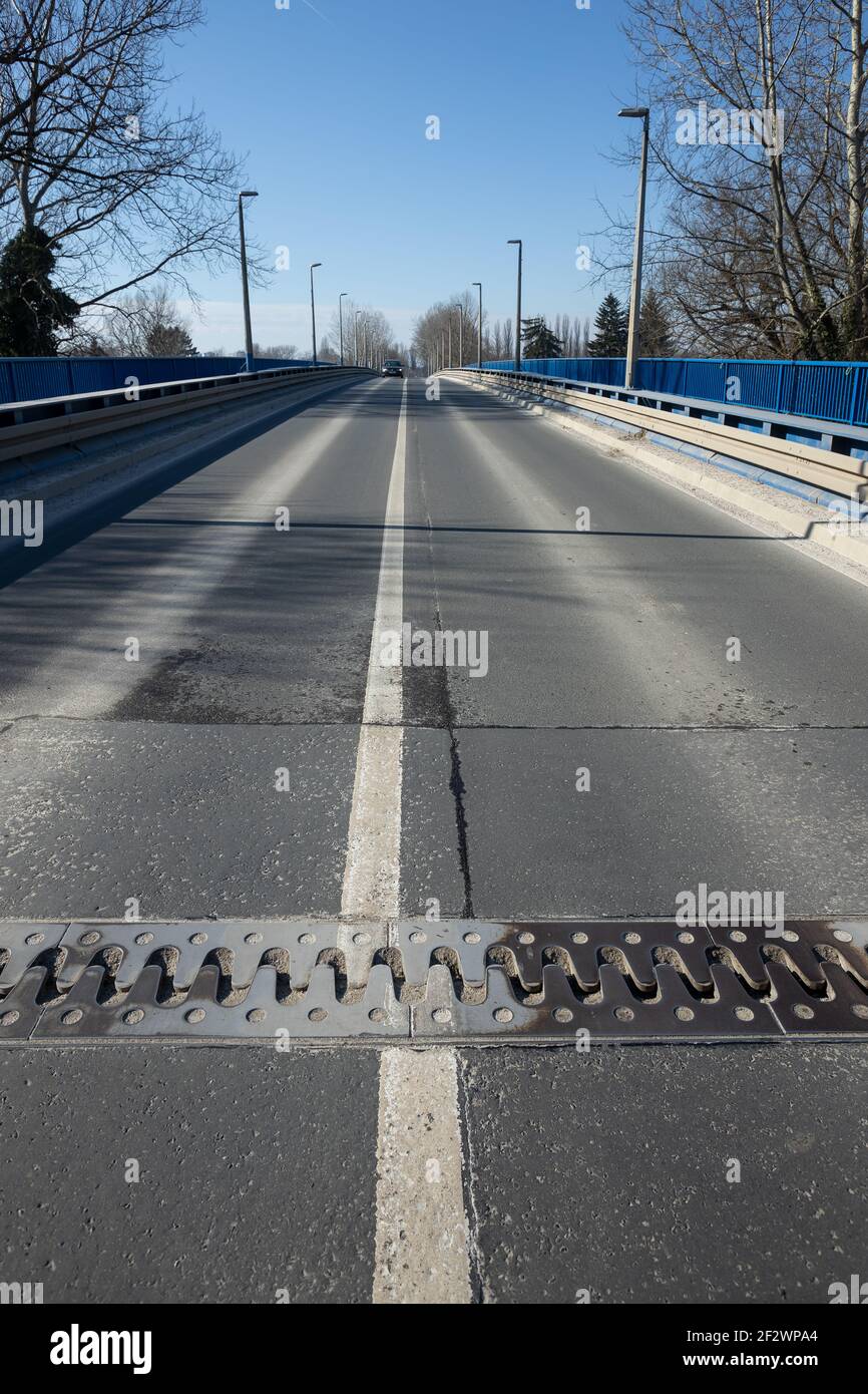 During the strong earthquake of magnitude 6.2, which occurred not far from Petrinja, the Galdovo bridge in Sisak moved. It is visible on the traffic l Stock Photo