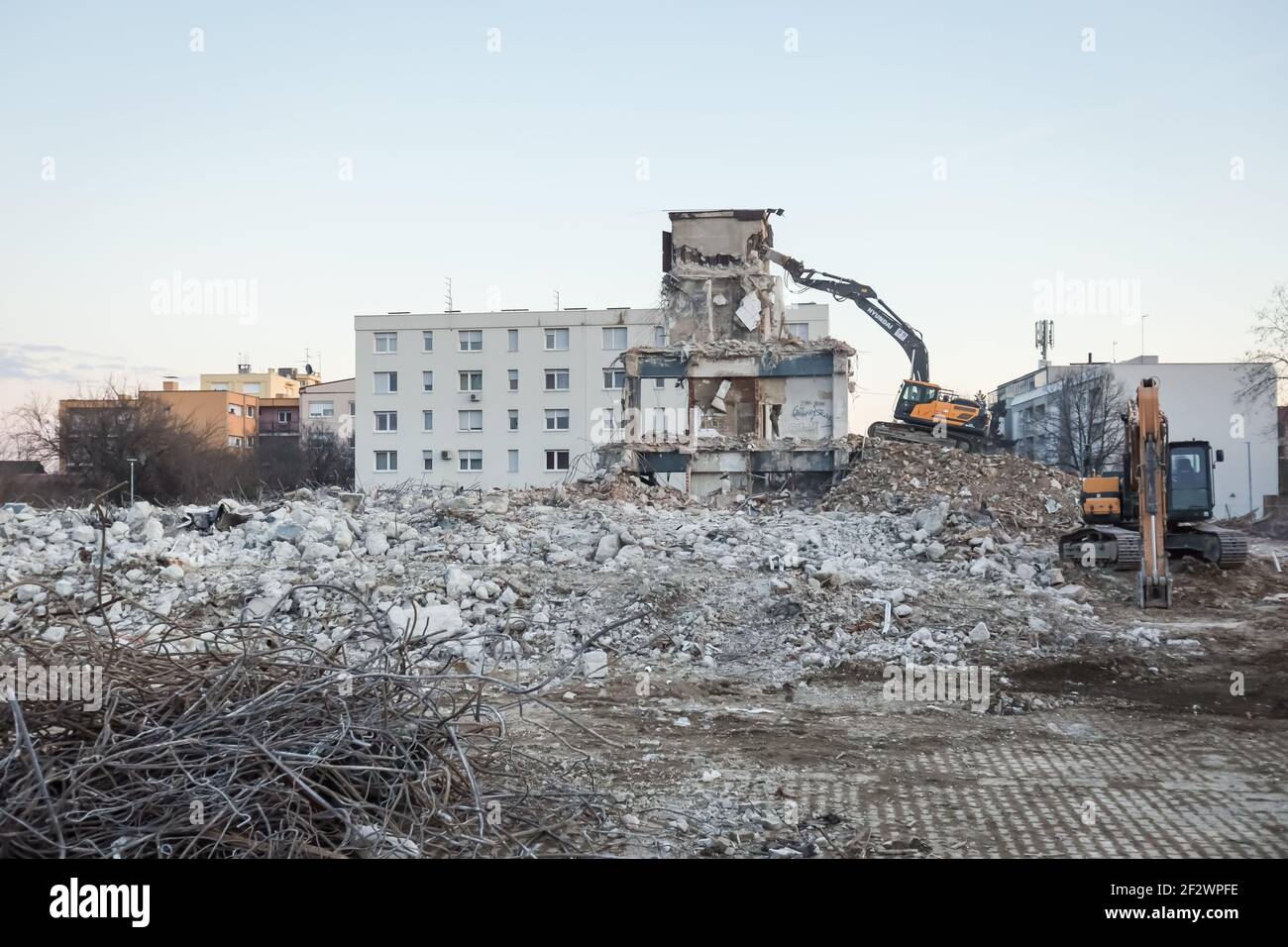 Due to the damage in the catastrophic earthquake, which hit the Sisak-Moslavina County 2 months ago, workers are finishing the demolition of the build Stock Photo