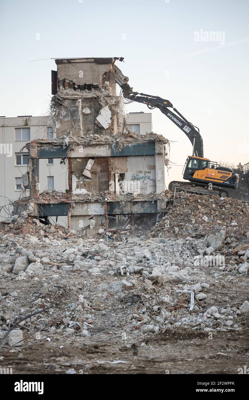 Due to the damage in the catastrophic earthquake, which hit the Sisak-Moslavina County 2 months ago, workers are finishing the demolition of the build Stock Photo