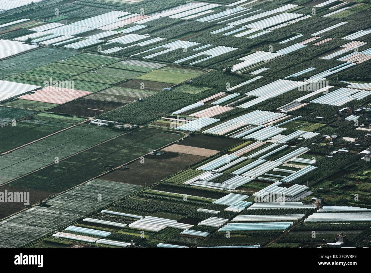 aerial view of agricultural plots of land under cultivation in an ...