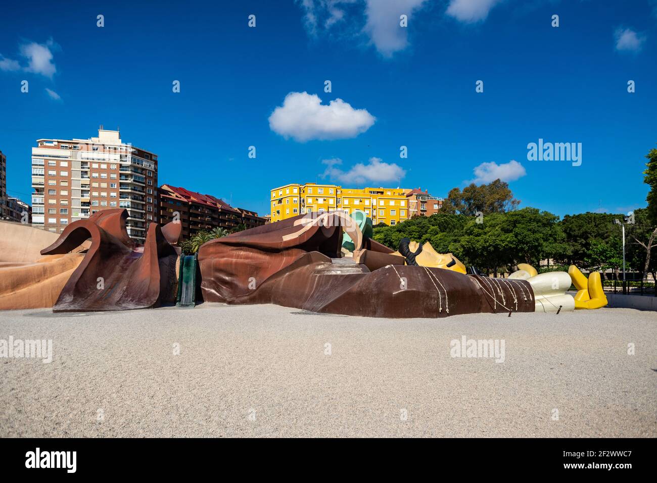 The big Gulliver playground in the Jardi del Turia, Valencia, Spain. The playground develops around a big Gulliver sculpture laid on the ground Stock Photo