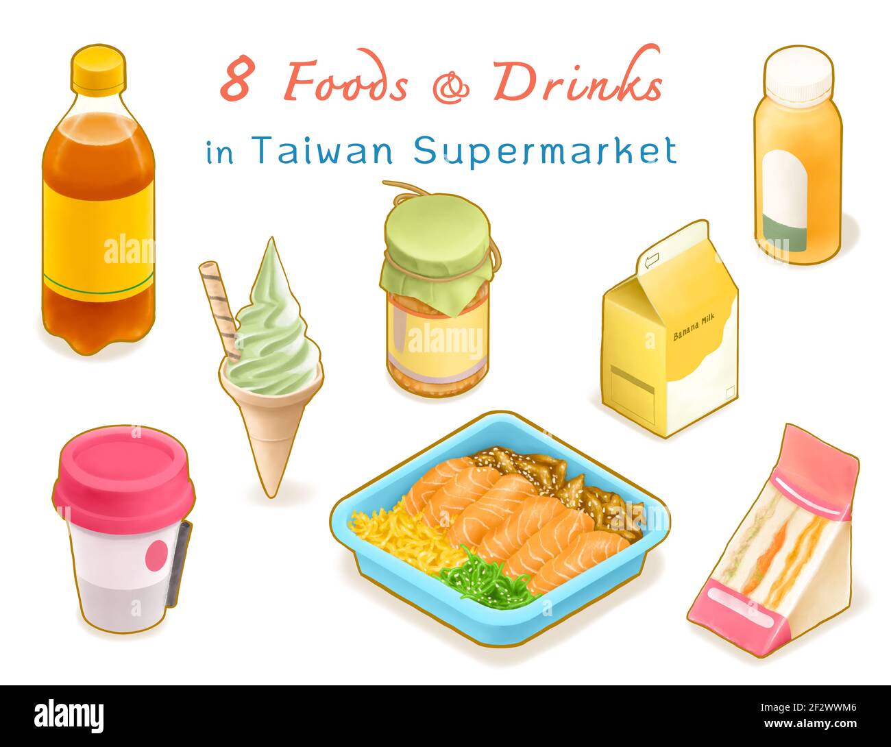 Food, drink in Taiwan supermarket collection, digital painting of apple juice, banana milk, ice cream, stinky tofu, fermented bean curd, salmon sashim Stock Photo
